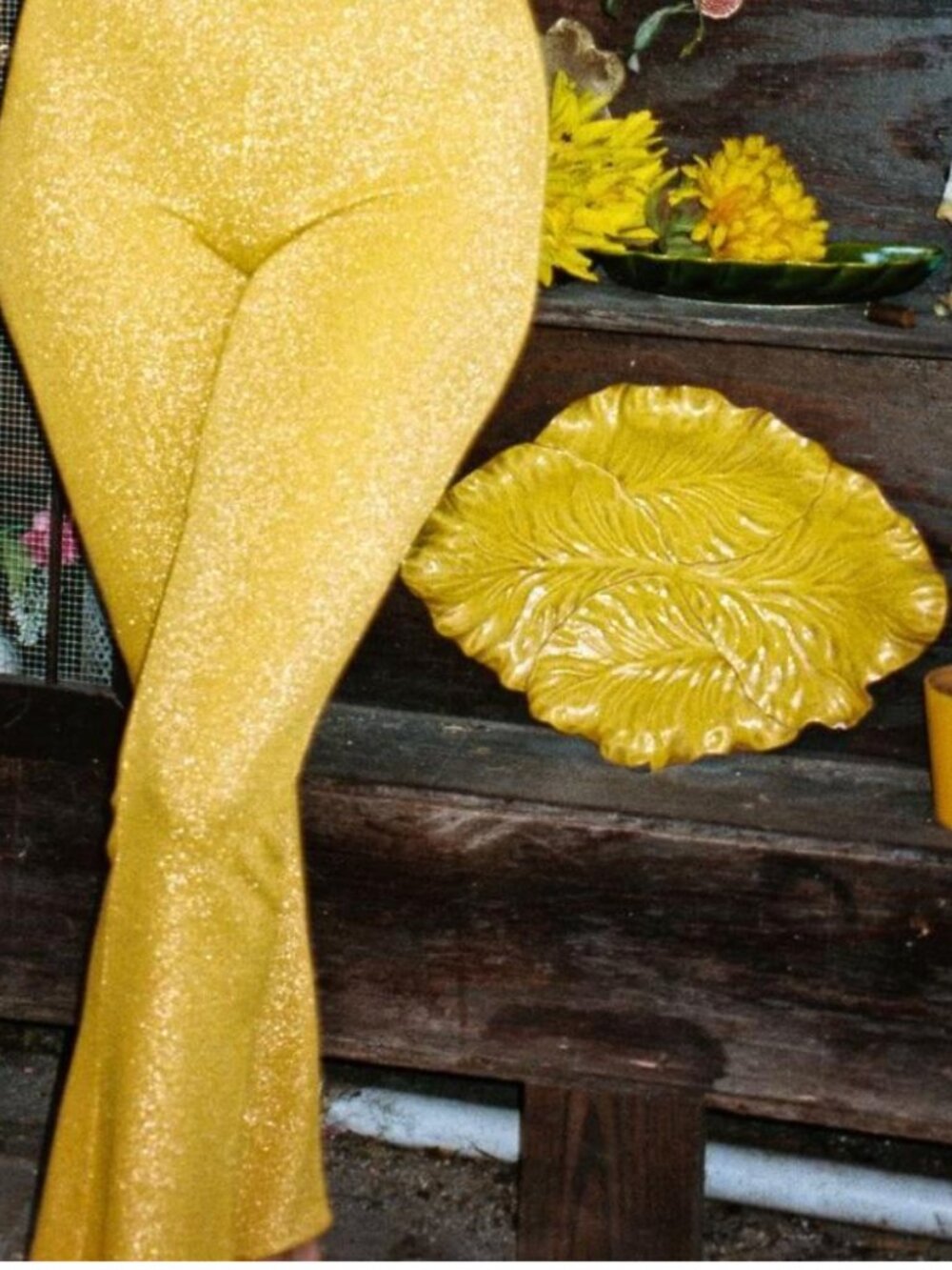 NWT Montce shimmer cardigan & flare pant set — gold mustard — XL/L